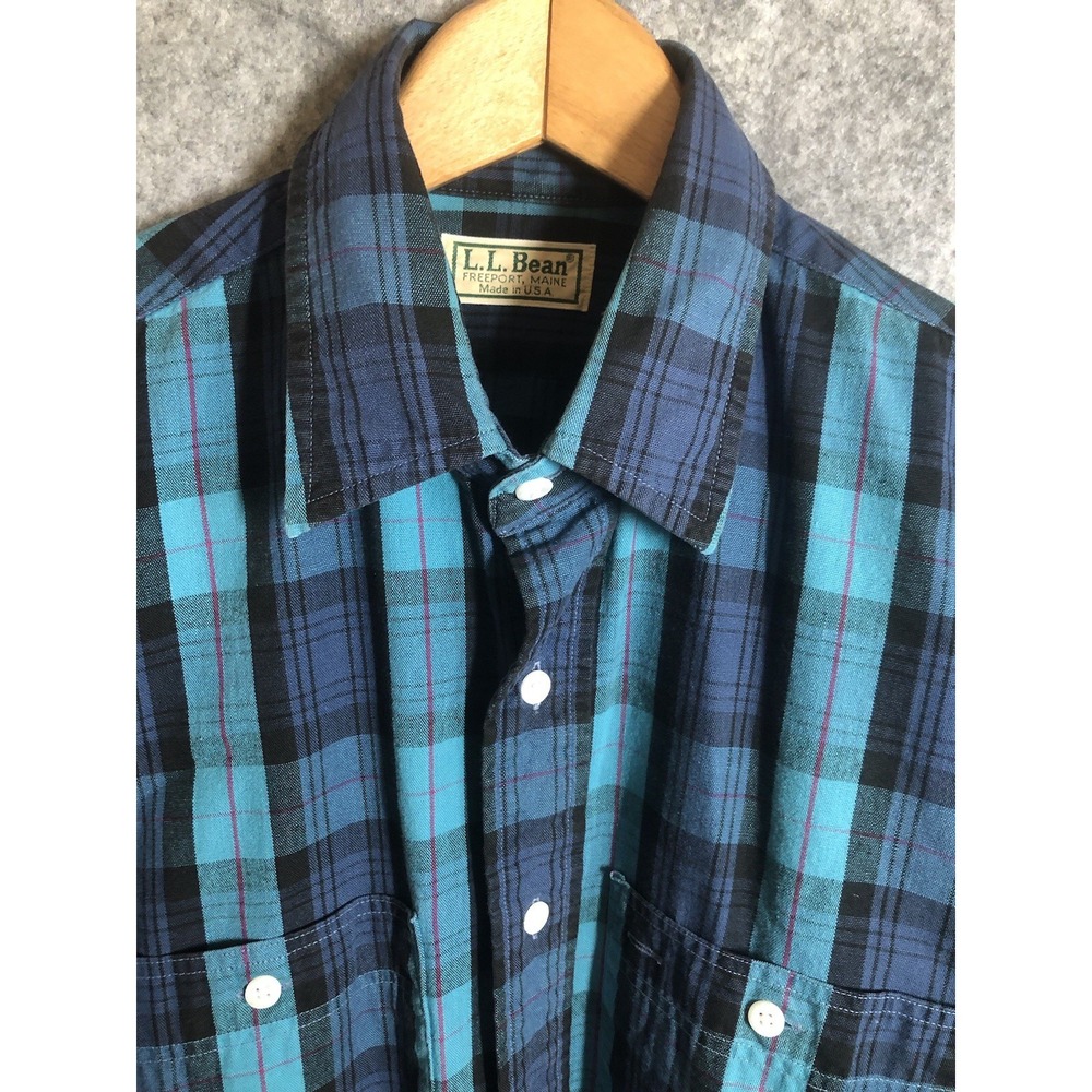 Vintage L.L. Bean Shirt Medium Blue Check Twi Career Casual Classic USA Made